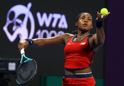 Coco Gauff of the U.S. in action during her round-of-32 match against Czech Republic's Katerina Siniakova in Doha on Feb. 13.