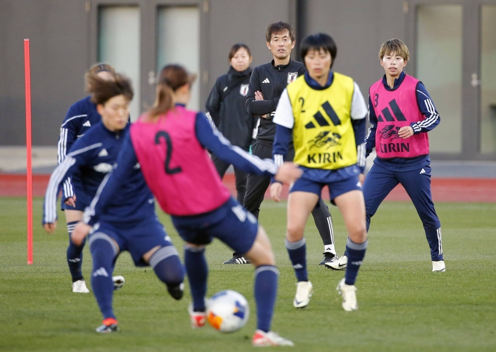 Japan's national women's soccer team, Nadeshiko Japan, trains in Chiba on Feb. 13.