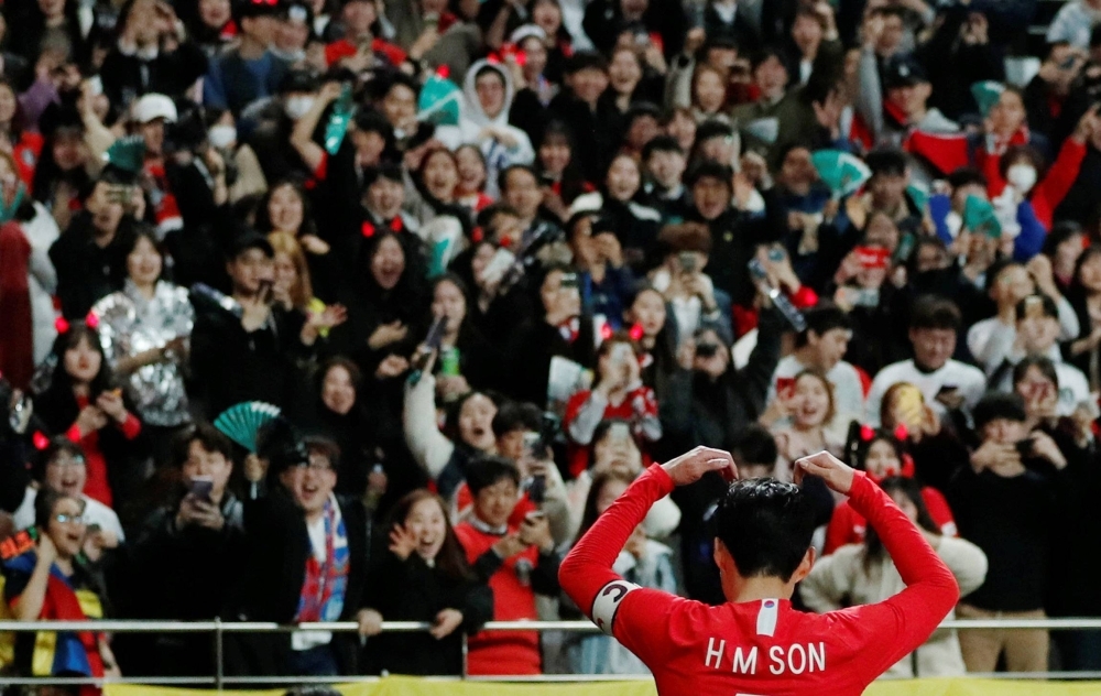 South Korea's Son Heung-min celebrates after a goal in a friendly against Colombia at Seoul World Cup Stadium in 2019. 