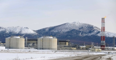 A liquefied natural gas processing facility at the Sakhalin 2 project in Sakhalin, Russia. Japan has kept stakes in some energy projects in Russia as a matter of energy security.