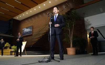 Prime Minister Fumio Kishida speaks to reporters at the Prime Minister's Office in Tokyo on Thursday.