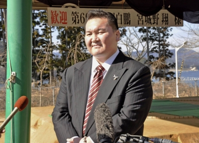 Former yokozuna Hakuho, seen in Iwate Prefecture on Feb. 18, was demoted by the Japan Sumo Association on Friday. 