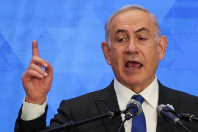 Israeli Prime Minister Benjamin Netanyahu addresses the Conference of Presidents of Major American Jewish Organizations, amid the ongoing conflict between Israel and the Palestinian Islamist group Hamas, in Jerusalem on Feb. 18.