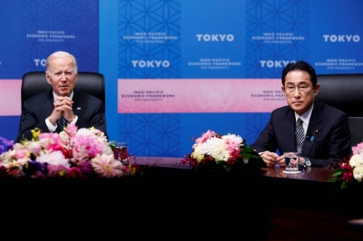 U.S. President Joe Biden and Prime Minister Fumio Kishida attend an Indo-Pacific Economic Framework launch event in Tokyo in May 2022. 