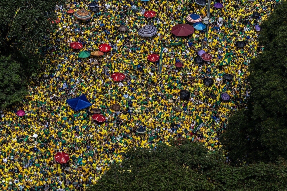 Supporters of Jair Bolsonaro, Brazil's former president, march on Avenida Paulista in Sao Paulo on Sunday