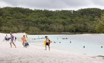 Lake McKenzie in K'gari, Australia, where two Japanese teenagers on a school trip drowned while swimming on March 29, 2019.