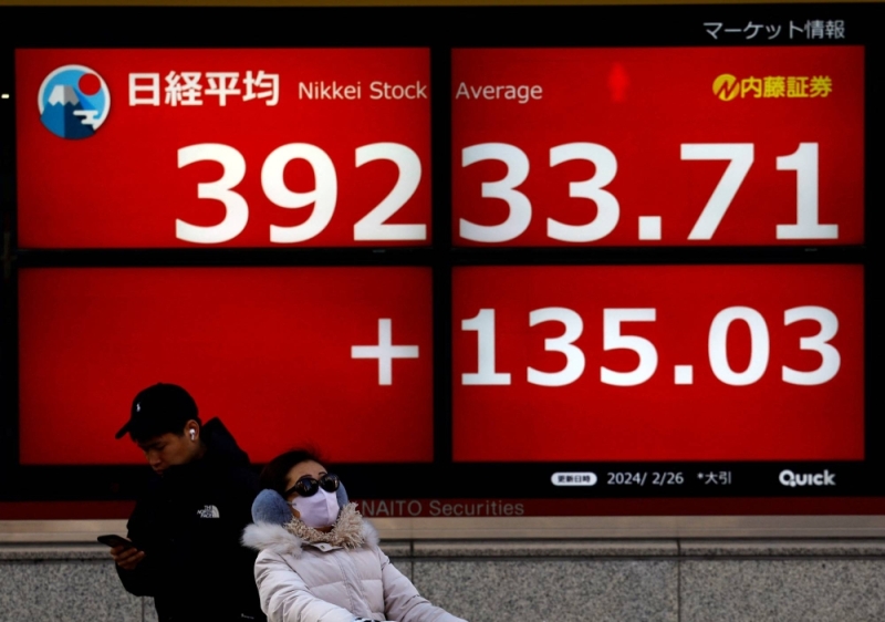 A screen in Tokyo shows the level of the 225-issue Nikkei stock average after it posted an all-time closing high on Monday.