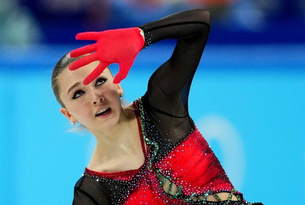 Kamila Valieva of the Russian Olympic Committee in action at the 2022 Beijing Olympics. Results for the figure skating team event were overhauled in light of Valieva testing positive for a banned substance.