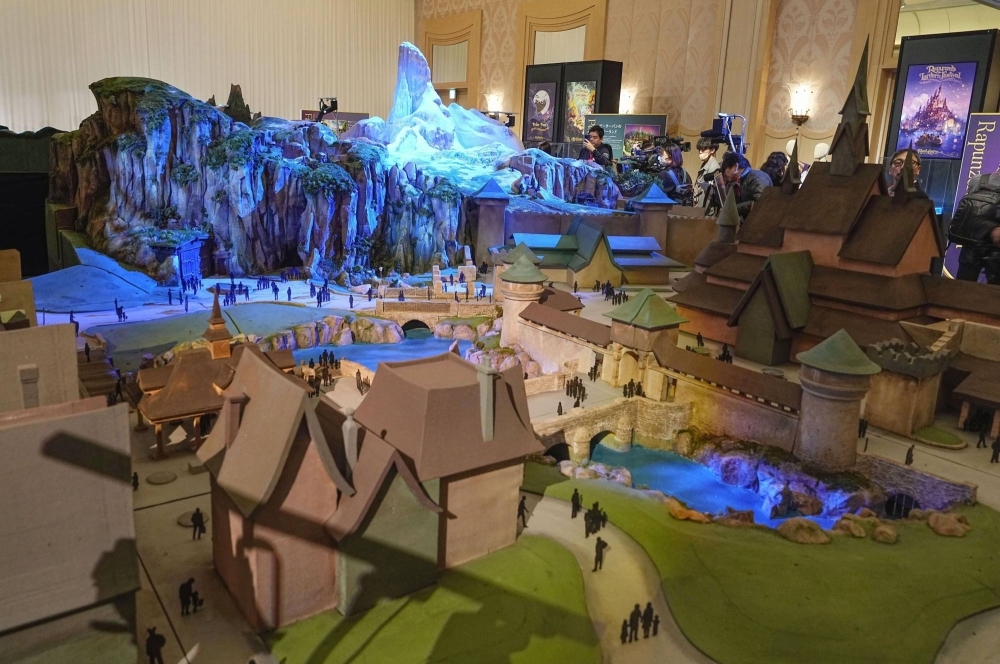A mock-up of Tokyo DisneySea's new Fantasy Springs theme area, with features inspired by the film "Frozen" among its attractions, is unveiled at the Tokyo DisneySea in Urayasu, Chiba Prefecture, on Tuesday.