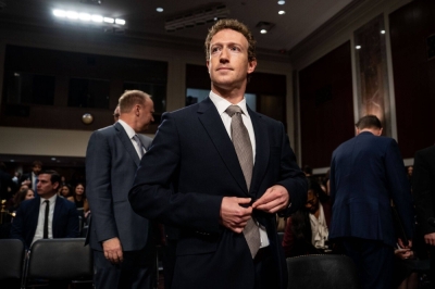 Mark Zuckerberg, chief executive officer of Meta Platforms, arrives following a break during a Senate Judiciary Committee hearing in Washington on Jan. 31.