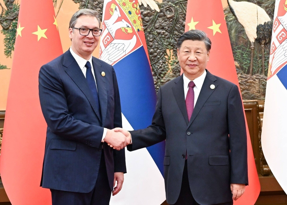 Serbian President Aleksandar Vucic with Chinese President Xi Jinping in Beijing on Oct. 17, 2023