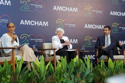 Brazil's Minister of the Environment Marina Silva (left), U.S. Treasury Secretary Janet Yellen (center) and Abrao Neto, CEO of American Chamber of Commerce for Brazil, take part in a meeting on the U.S.-Brazil economic relationship, in Sao Paulo on Tuesday.