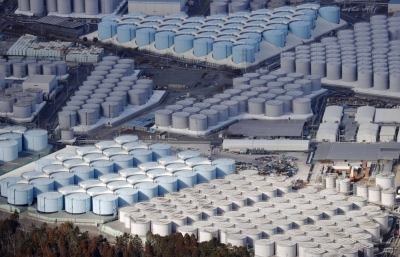 Tanks containing treated radioactive water on the grounds of the Fukushima No. 1 nuclear power plant in Fukushima Prefecture