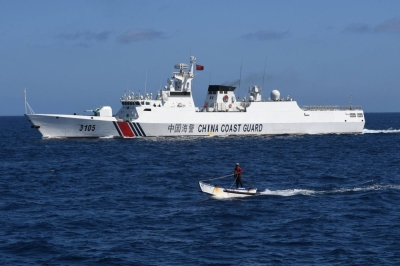 A Chinese coast guard ship near the China-controlled Scarborough Shoal, in disputed waters of the South China Sea on Feb. 16. 