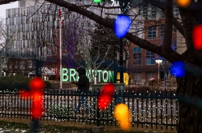 Christmas lights decorate downtown Brampton, a suburb of Toronto, on Jan. 5. In Canada, a post-COVID explosion in foreign students has resulted in housing shortages and flawed academic programs being taught in strip malls.