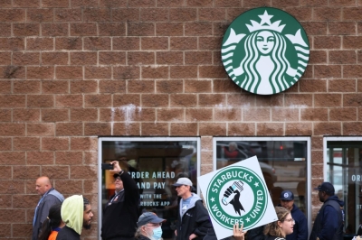 Starbucks workers hold a rally in New York City in 2022.