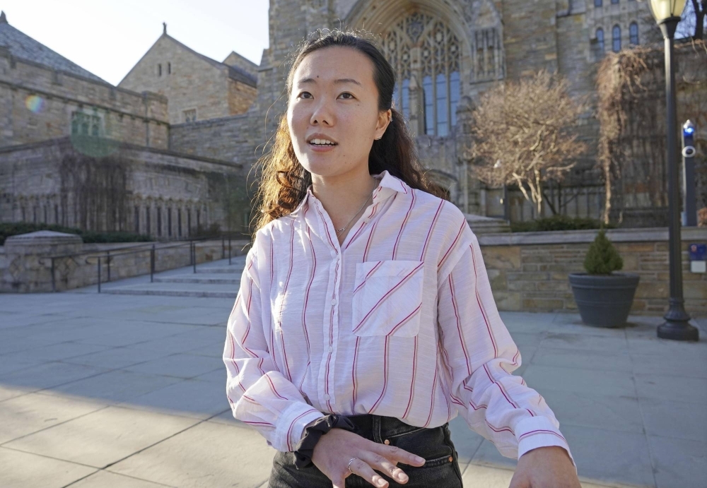 Chisato Kimura, a leading member of Yale Law Students for Justice in Palestine, talks about why she is calling for Israel to end its military campaign in Gaza, at Yale University in New Haven, Connecticut, on Feb. 9.