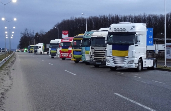 Trucks are seen as Ukrainian hauliers take part in an round-the-clock counter-demonstration against the blockade of the border by Polish protesters on Feb. 20.