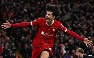 Liverpool's Jayden Danns celebrates after scoring against Southampton during their FA Cup match in Liverpool, England, on Wednesday.