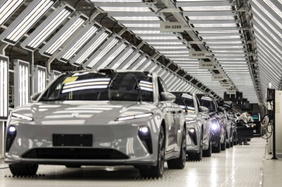 The assembly line at a production facility for Nio, a maker of electric cars, in Hefei, China, on Dec. 4. U.S. President Joe Biden has ordered an investigation into auto software that could track U.S. drivers, part of a broader effort to stop electric vehicle imports from China. 