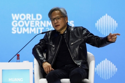 Nvidia CEO Jensen Huang attends a session of the World Governments Summit, in Dubai on Feb. 12.