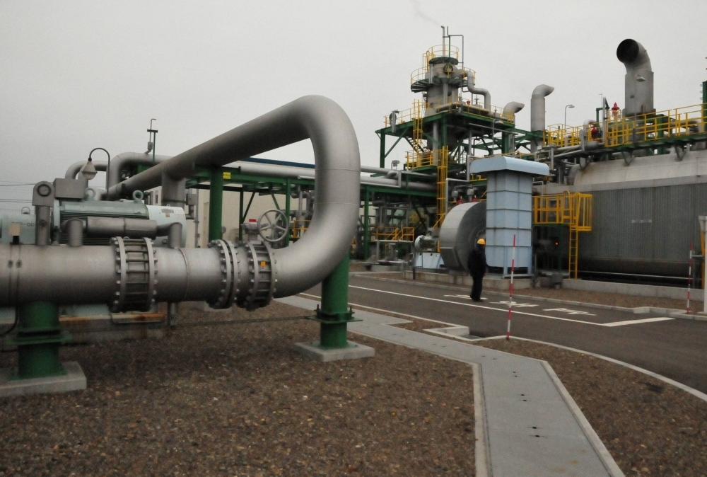 A pipe for transporting carbon dioxide to removal equipment at the Tomakomai carbon, capture and storage test site in Tomakomai, Hokkaido, in March 2018