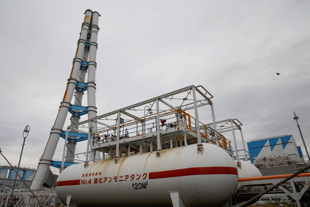 An ammonia tank at Jera's Hekinan thermal power station in Hekinan, Aichi Prefecture, in October 2021. Shifting to 100% ammonia as fuel at coal-fired plants is expected to take decades, as developing the stable and vast supply chains needed is highly challenging.