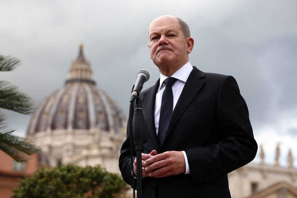 German Chancellor Olaf Scholz during a news conference at the Vatican on Saturday