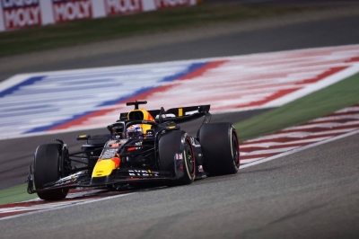 Red Bull's Max Verstappen races toward a win in the Bahrain Grand Prix on Saturday in Sakhir. 