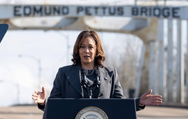 U.S. Vice President Kamala Harris speaks at the Edmund Pettus Bridge during an event to commemorate the 59th anniversary of "Bloody Sunday" in Selma, Alabama, on Sunday.