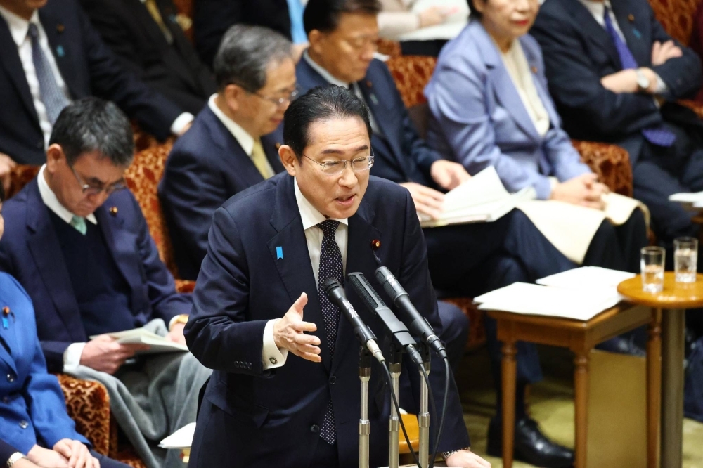 Prime Minister Fumio Kishida speaks during an Upper House Budget Committee session on Monday.