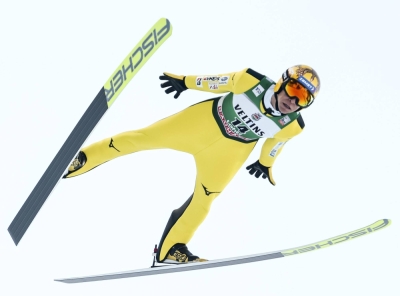 Noriaki Kasai in action during a ski jumping World Cup event in Lahti, Finland, on Sunday