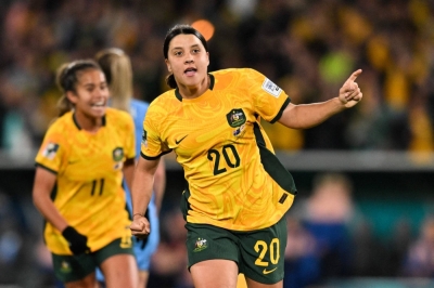 Australia forward Sam Kerr celebrates scoring her team's first goal during the 2023 Women's World Cup semifinal soccer match between Australia and England in Sydney on Aug. 16.