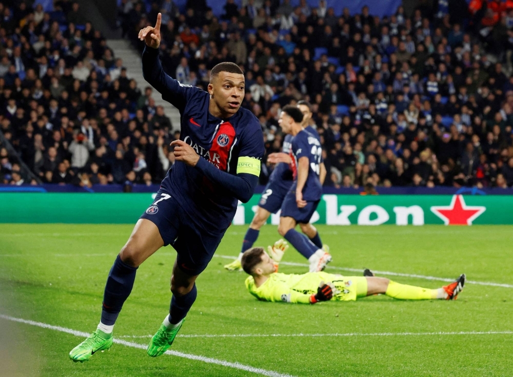 PSG's Kylian Mbappe celebrates after scoring the team's second goal on Tuesday in San Sebastian, Spain. 