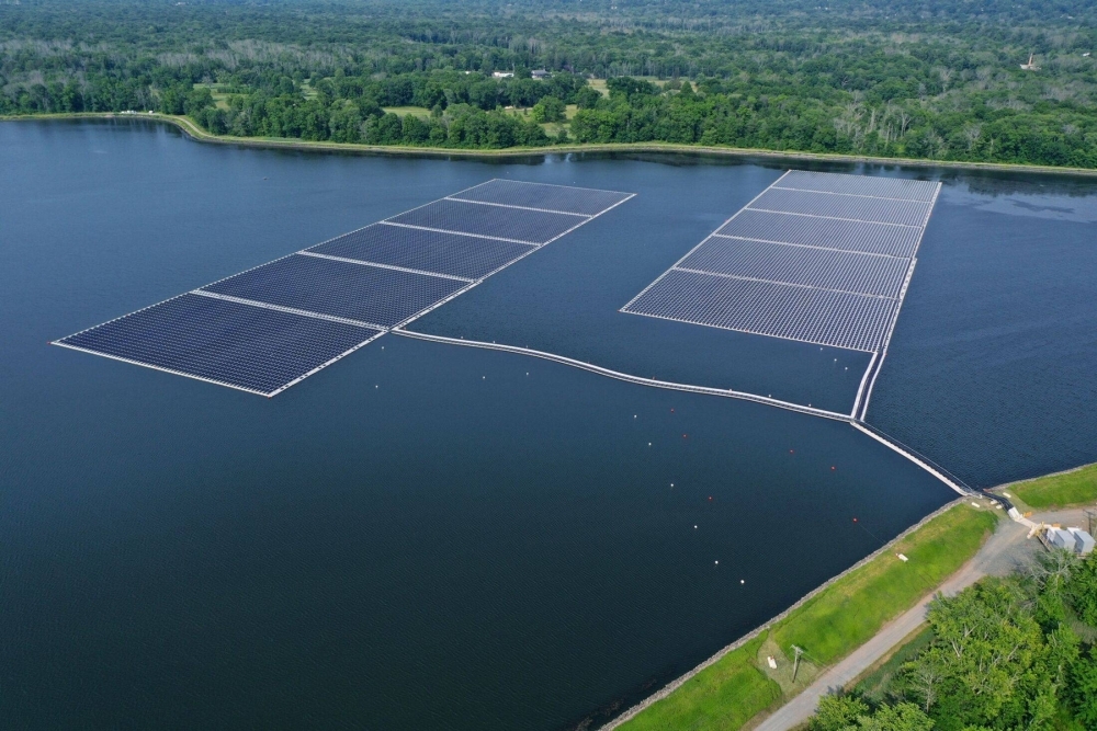 Floating solar panels at the Canoe Brook water treatment plant in Short Hills, New Jersey