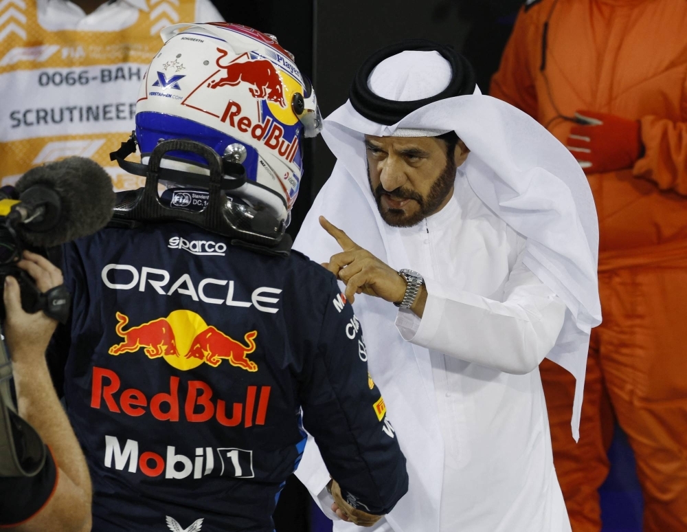 Red Bull's Max Verstappen shakes hands with FIA President Mohammed Ben Sulayem at the Bahrain Grand Prix on Saturday. 