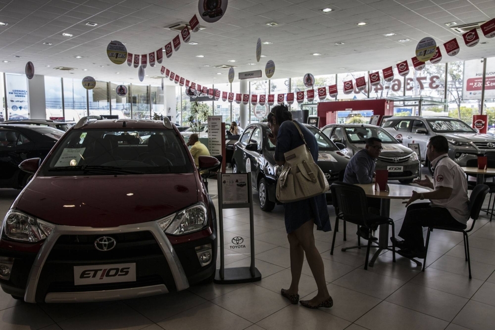 Vehicles on display at a Toyota car dealership in Rio de Janeiro, Brazil
