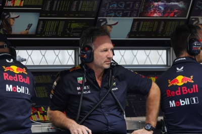 Red Bull team principal Christian Horner sits on the pit wall after the first practice session for the Saudi Arabian Grand Prix in Jeddah on Thursday.