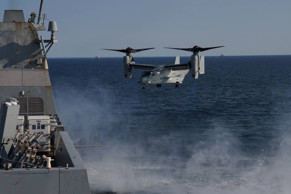 A U.S. V-22 Osprey lands on the USS Mesa Verde ship during excercises in the Baltic Sea in September.