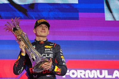 Red Bull's Max Verstappen celebrates his win following the Saudi Arabian Grand Prix on Saturday in Jeddah. 