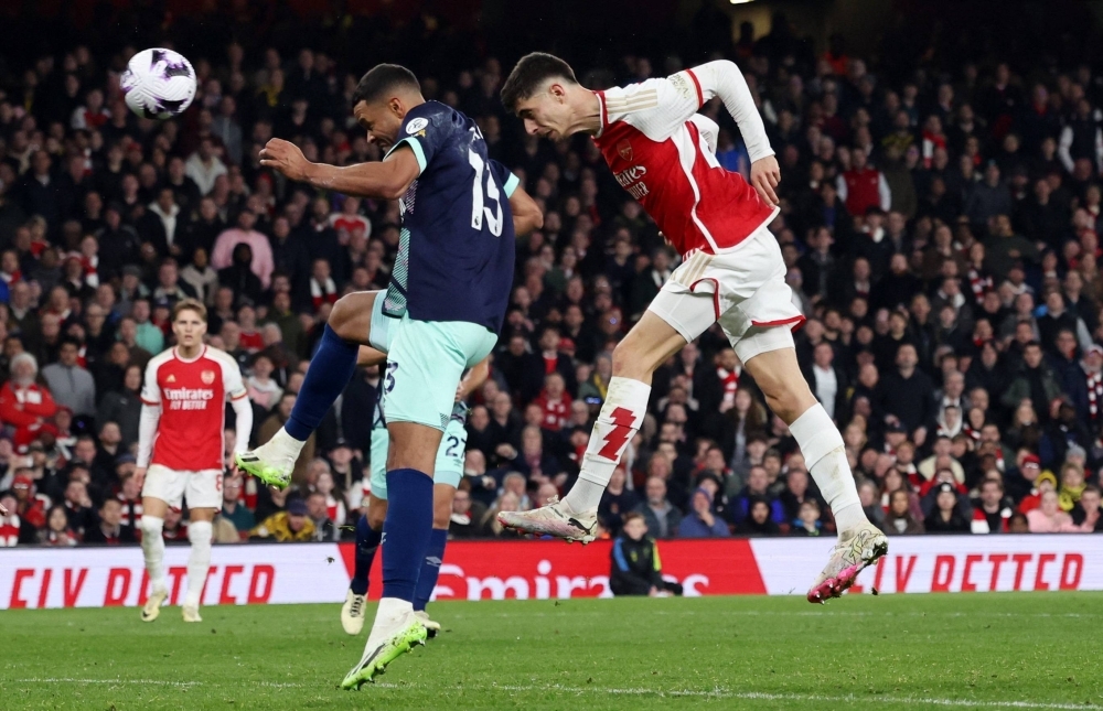 Arsenal's Kai Havertz scores the team's second goal in the club's win over Brentford on Saturday at Emirates Stadium in London. 