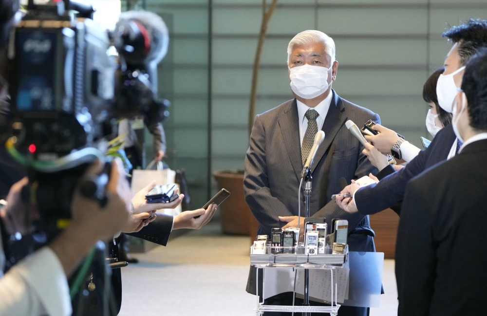 Former Defense Minister Gen Nakatani speaks to reporters in November 2021, when he was named Prime Minister Fumio Kishida's special adviser on human rights issues.