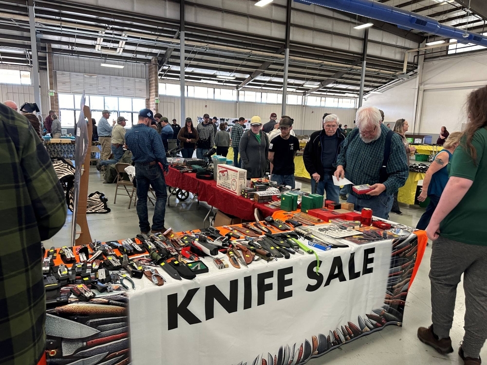 Knives displayed for sale at the "Survival & Prepper Show" in Longmont, Colorado, on March 2