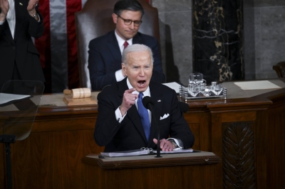 U.S. President Joe Biden delivers the State of the Union address at the U.S. Capitol in Washington on Thursday.