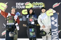 Ayumu Hirano (center) and Yuto Totsuka (right) finished in first and second place in the Dew Tour men's snowboarding halfpipe competition in Copper Mountain, Colorado, on Sunday. Lucas Foster finished third. | KYODO
