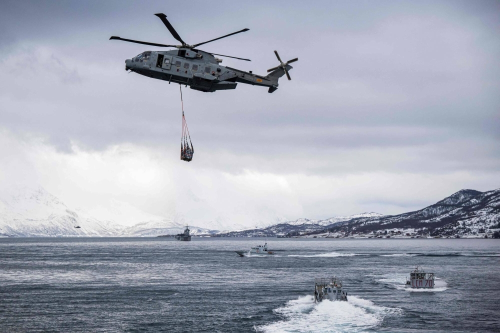 An amphibious assault demonstration with joint forces of the Swedish, Finnish, Italian and French army during the Nordic Response 24 military exercise on Sunday near Sorstraumen, above the Arctic Circle in Norway. Nordic Response 24 is part of the larger NATO exercise Steadfast Defender. 