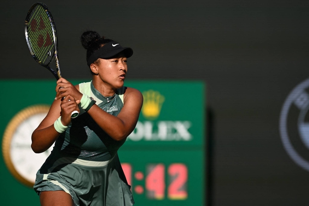 Naomi Osaka hits a shot in her third round match against Elise Mertens during the BNP Paribas Open in Indian Wells, California, on Monday.