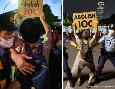 Left: A man protesting the Tokyo 2020 Olympic and Paralympic Games clashes with police on Aug. 8, 2021. Right: An AI-generated version of the photo to the left is included to show the difference between real and fake images in news reporting.