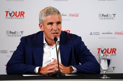 PGA Tour Commissioner Jay Monahan addresses the media during a news conference in August 2023. 