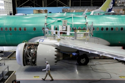 A 737 Max 9 under construction at a Boeing production facility in Renton, Washington